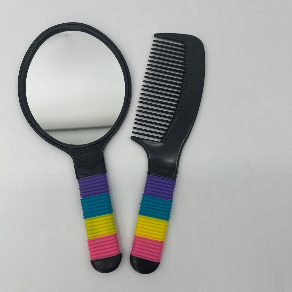Vtg 80s 90s Rainbow Handle Mirror & Comb Set Retro Hair Styling Tools‎ Blak